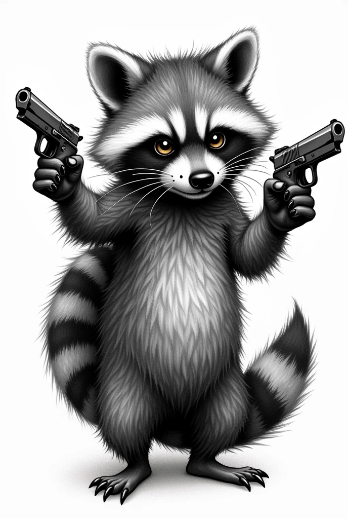 Design a highly detailed and realistic black and white tattoo featuring a raccoon holding two guns. The raccoon should be depicted in a natural posture., not humanoid, with intricately detailed fur and expressive eyes. Weapons should have classic, accurately rendered features. Use thick strokes and rich black ink to create bold contrasts, emphasizing texture and depth. The overall design should have a dynamic and realistic quality., making the raccoon look like he&#39;s caught in a moment of playful mischief.