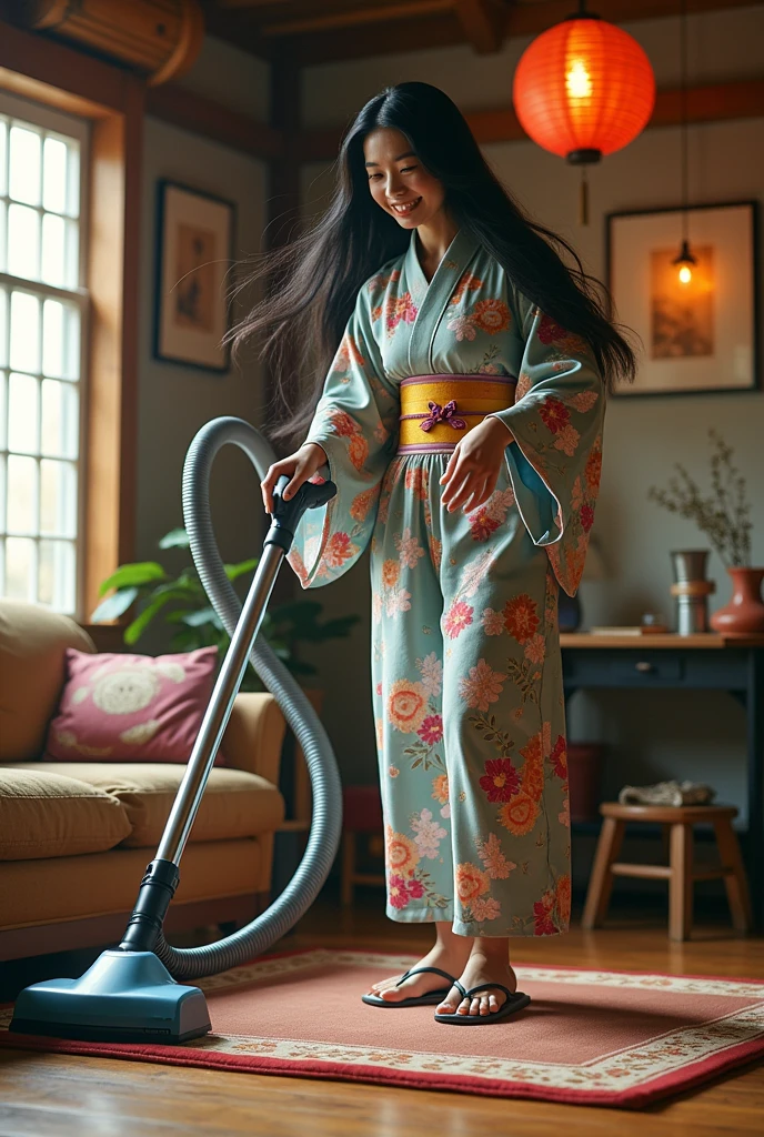 A huge beautiful Japanese woman uses a giant vacuum cleaner to try to suck the body of a middle-aged man out of the end of the hose.、The middle-aged man&#39;s body is sucked into the vacuum cleaner, feet first.。