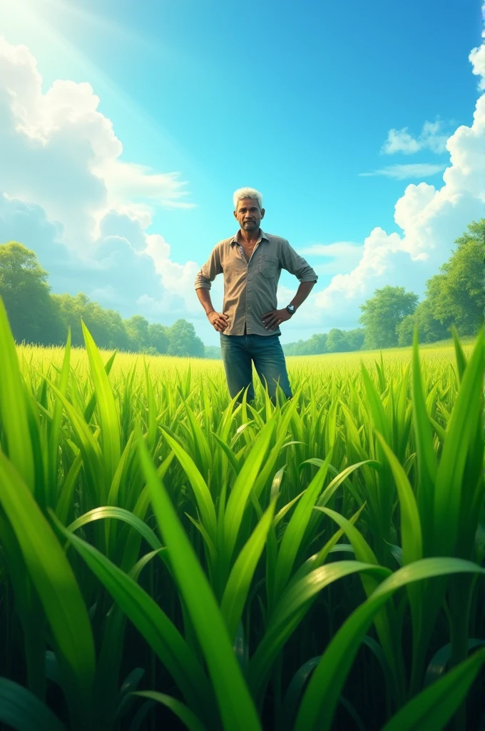 Lush Green Field After a Good Rainfall**
After a successful rainy season, Ramu’s field is lush and green. The crops are tall and healthy, swaying gently in the breeze under a bright blue sky. Ramu stands proudly in the middle of his flourishing field, his hard work and perseverance finally paying off.