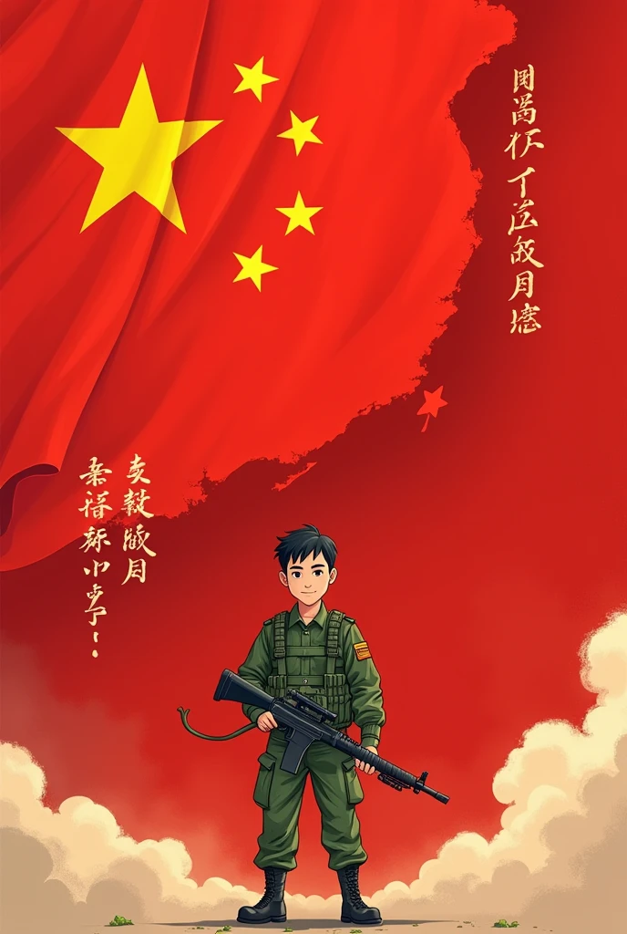 (The background is the entire,The map is red,On the left is the five-star red flag) (A handsome cartoon soldier in camouflage green clothes holding a submachine gun)("If there is a war,The phrase "If you are called, you must return" is written on the left side of the map.,Written in the most awesome Chinese calligraphy)(The phrase "Always Be Prepared" is written on the right side of the map.,The font must be domineering)(The whole picture looks very loving.)(Aspect ratio of 3:2)