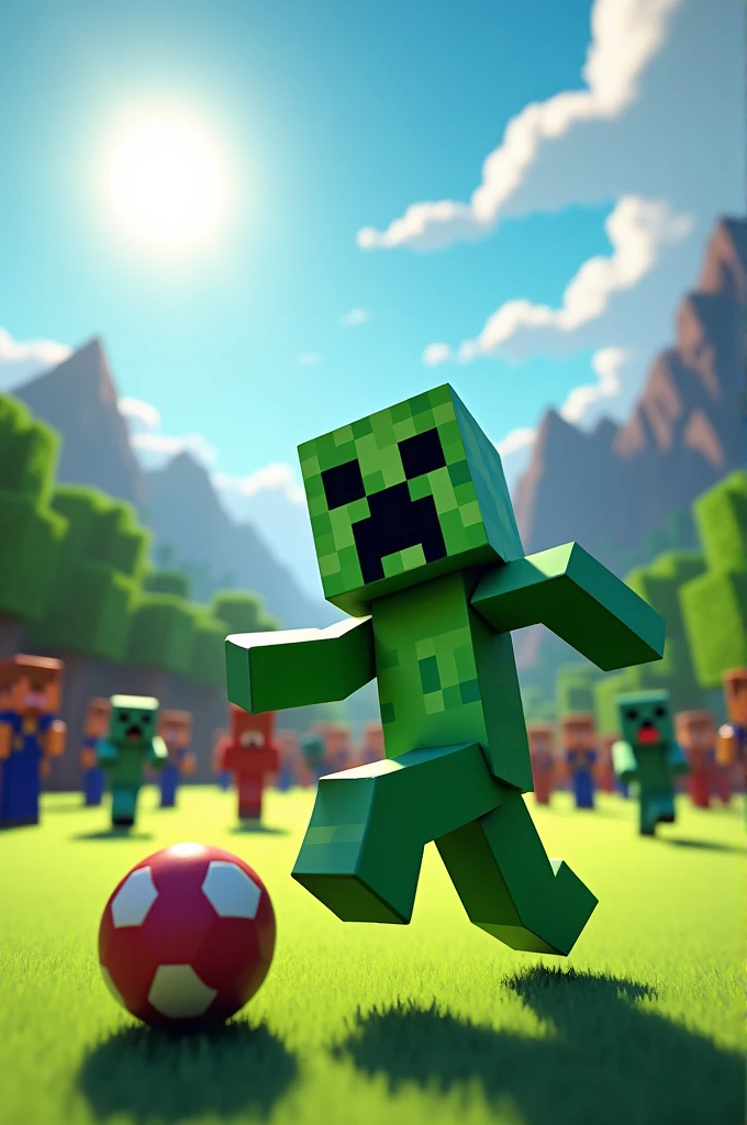 A Minecraft Creeper plays football