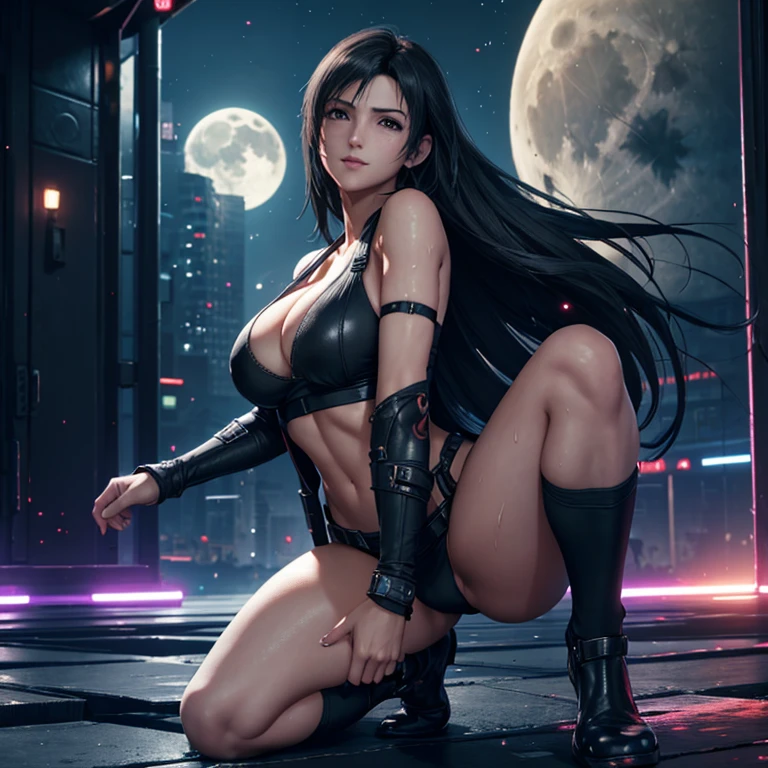 ((Master quality, 8K, masterpiece:1.3, ultra-detailed, high resolution, RAW Photos, detailed , blurry, Actual, hyper realistic, photo, HDR)), BREAK, Anatomically perfect, perfect hands, perfect legs, perfect feet, detailed eyes, BREAK, One person alone, ff7r style, tifa lockhart,, beautiful face, beautiful detailed eyes, (dynamic posing ), long hair, ( Round and Stacked Breasts ), Cleavage, abs, seductive smile:1.5, Sweat-soaked skin, BREAK, wearing( ), , Graffiti art, BREAK, ( Random Angle, full-body, ), dynamic angle, , background(Realistic , cinematic lighting, depth of field, night , the full moon,, cyberpunk city atmosphere light particles, , )