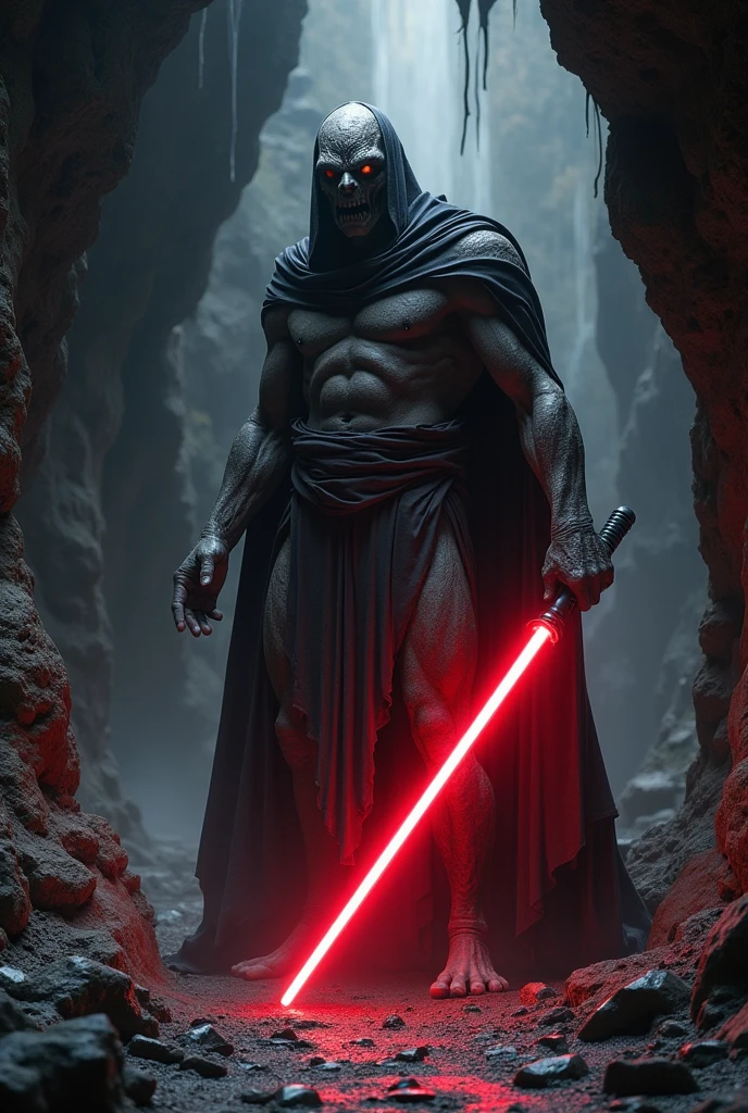 Create me a Sith Lord from Star Wars, powerful and terrifying, tall, grey Skin with scars, a creature with no normal Body and Head, he is a beast and Not a human, he wears Tattered cloth , he has a red lightsaber, the background is a dark cave, ultra realistic