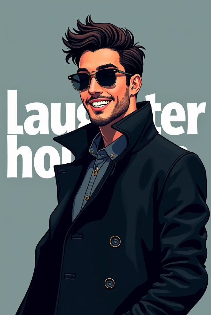 "Create an Instagram profile picture featuring a cool man in a black coat and sunglasses, with an anime-inspired style. Include the text 'Laughter House' in either white or black. The background should use decent, non-flashy colors, and the overall design should be modern and visually appealing, with the text subtly integrated to complement the character."