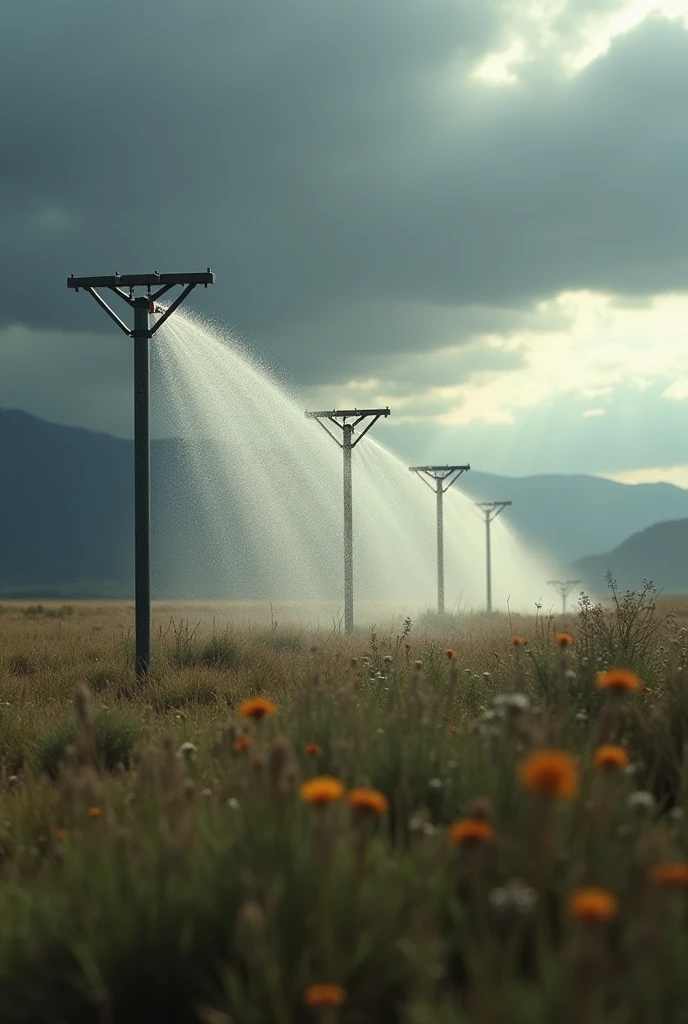 Flat rain sprinklers with 3 points to recreate rain in a movie without people in an open plane