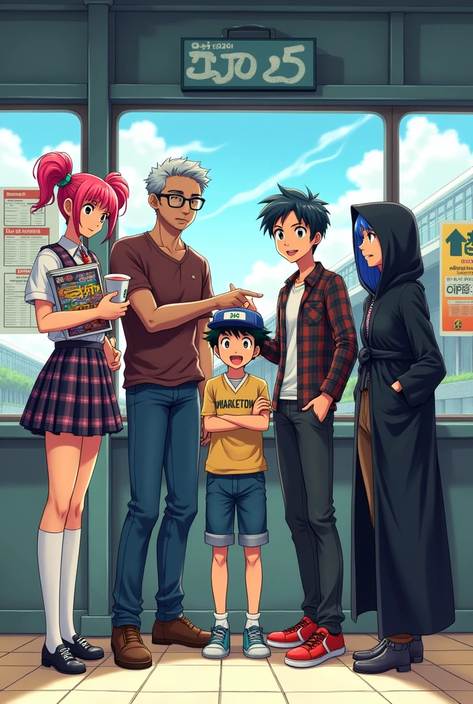 Make a picture of five people at a train station. Make the image in manga style.