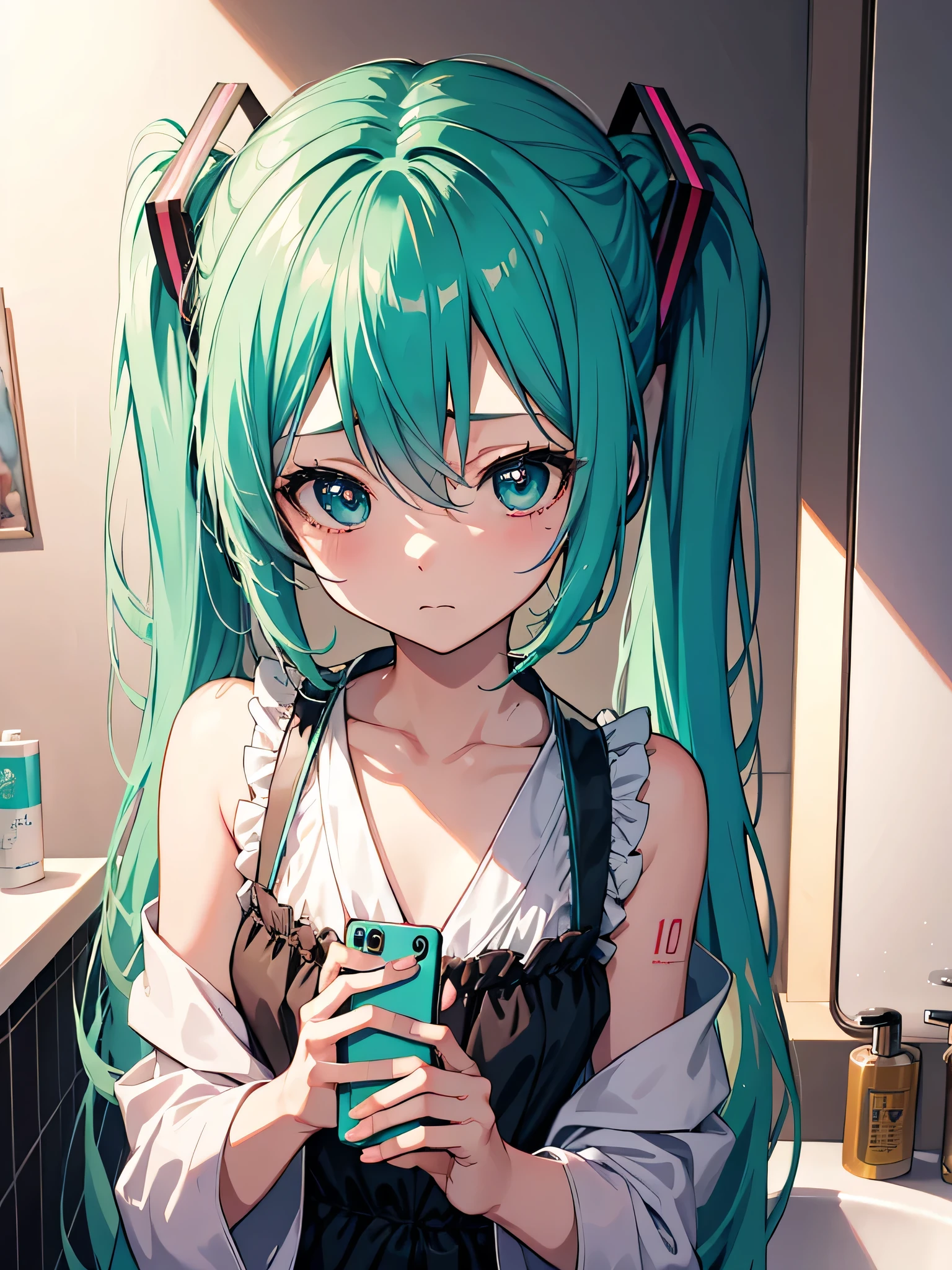Hatsune Miku taking a selfie, Tired, sad face, phone in her hand, mirror, bathroom at background