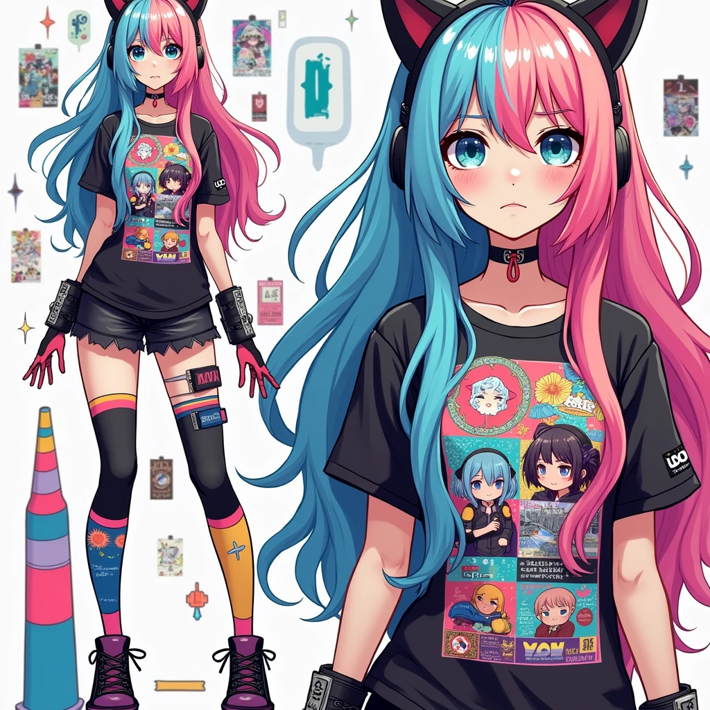 Create a young American-Japanese girl named Mya. She has long, colorful hair (pink and blue) anime style. Wears black or colored cat ears. Wears a vibrant t-shirt with anime prints, short skirt or neon pants, colorful socks and combat boots. Add accessories like bracelets and necklaces. She has an athletic physique, confident stance, and big, vibrant eyes. The expression should show determination and sadness. Show it in a dynamic pose.