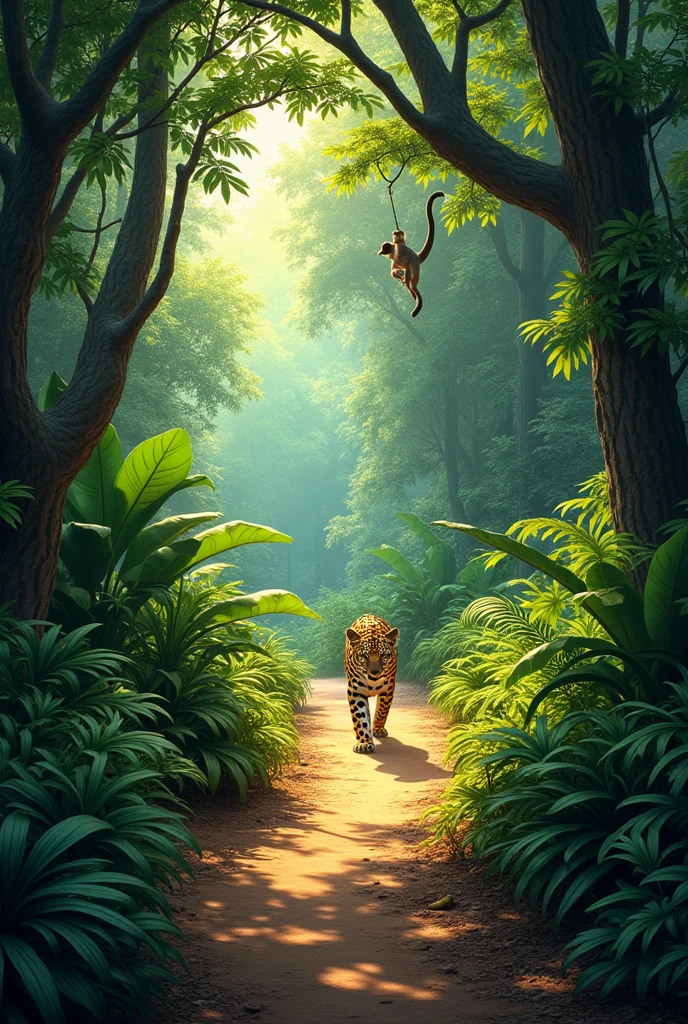 Long path in the Amazon rainforest with jaguars in the woods and marmosets in the trees 