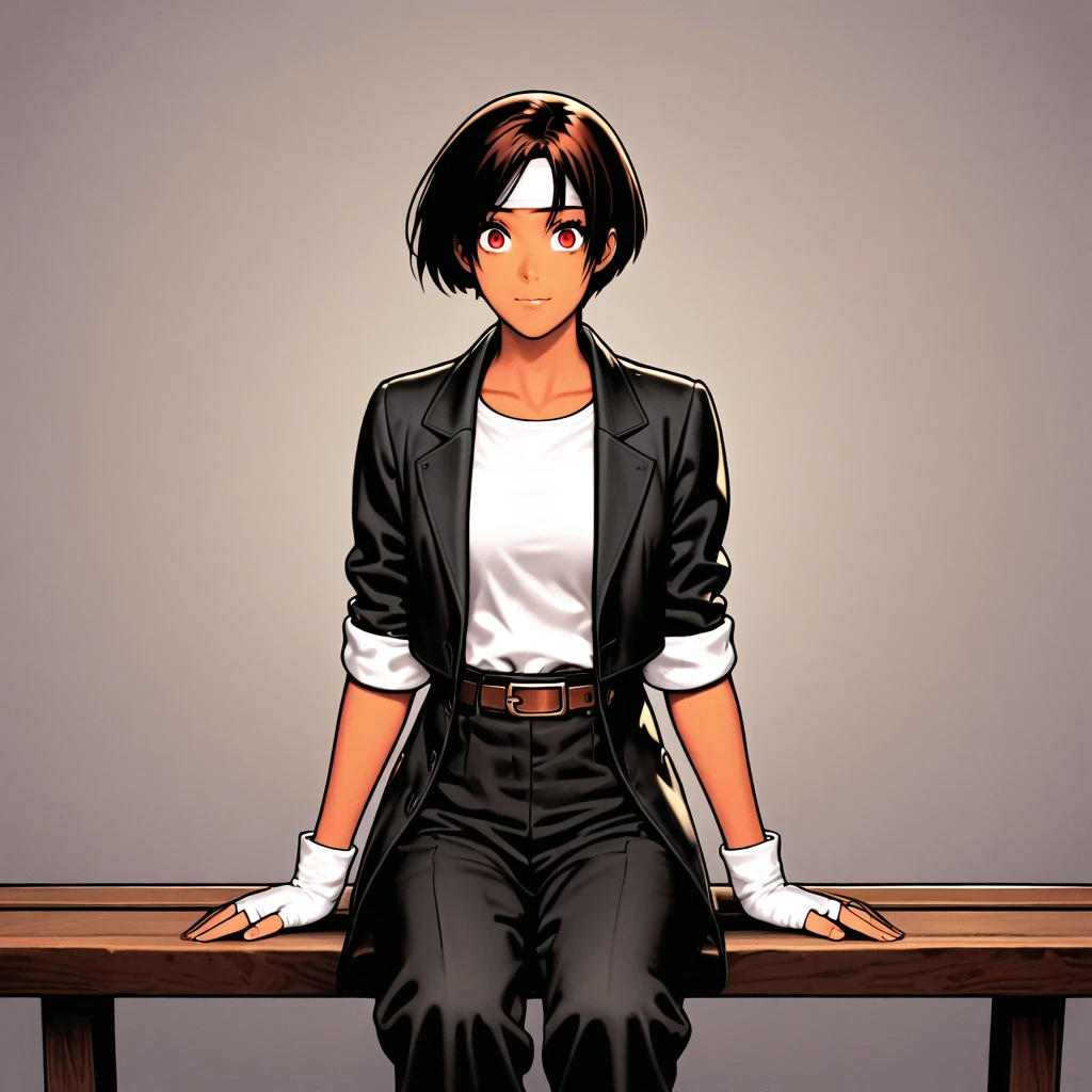 Single,female,short cut,dark hair,dark skin,red eyes, ((black jacket with rolled up arms)),fingerless gloves,white T-shirt, ((white headband)),black long pants,white shoes,brown belt,cute,indoor-oriented,charming,top class,neat face,neat eyes,slightly large breasts,sitting on a bench in a park A beautiful Japanese girl is sitting on a bench in a park, she is surprised to see me in profile and in front of her. Her eyes are wide open, her gaze is slightly downward, and her mouth is half open.