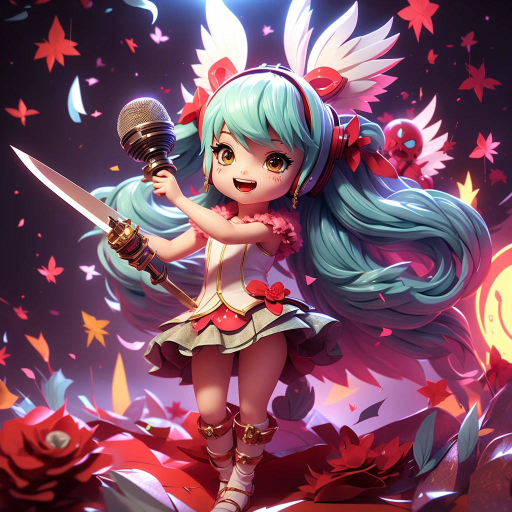 milfa, 1girl, Hatsune Miku, black_angel_wings dyed with blood, holding a dagger, reaching out with a black mask with red fangs, microphone,on stage, holding_microphone