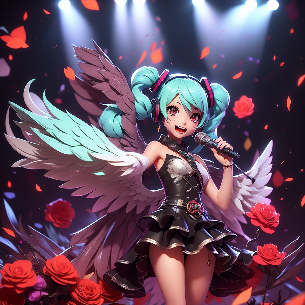 milfa, 1girl, Hatsune Miku, black_angel_wings dyed with blood, holding a dagger, reaching out with a black mask with red fangs, microphone,on stage, holding_microphone