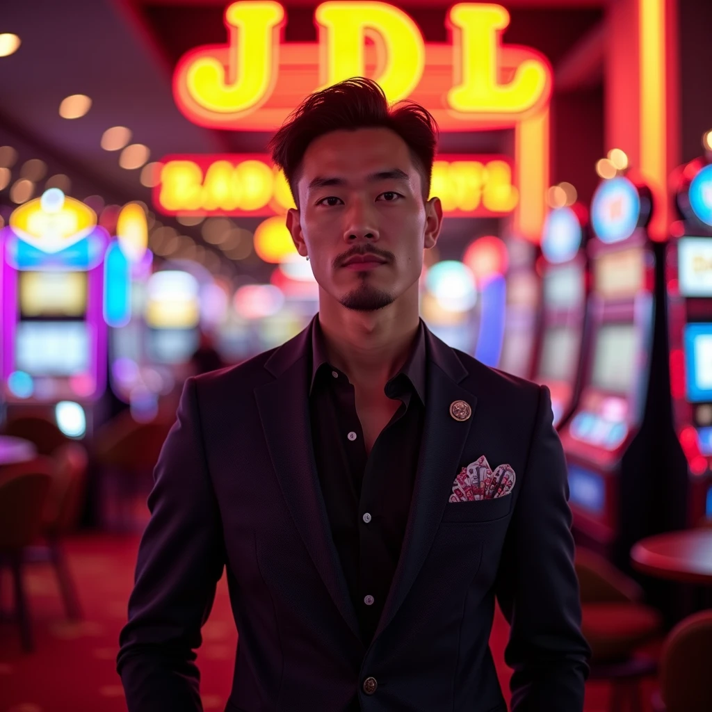 men, asian, 30 years old, fancy dressing, casino background, gambling, promoted casino, advertising, branded casino name: JDL