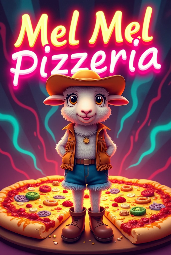 make me a poster of a pizza with 80s style a cartoon style humanoid female sheep is dressed as a cowgirl 
holding pizza

a sentence written on top

Mel Mel Pizzeria