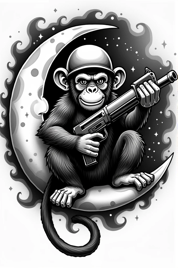 Create a black and white tattoo of a monkey on the moon with a gun and a soldier helmet