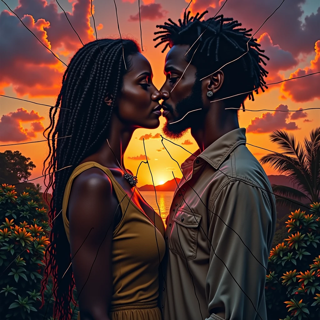 "Create a moody and evocative album cover for a reggae song, capturing the duality and complexity of love. The cover must include:

center image: A broken or cracked mirror, reflecting a person (or two) with expressions of love and sadness, symbolizing the reflection and contrast between true love and lies.