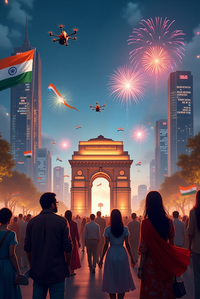 Indian citizens celebrating 100 years of independence day in the year 2047 with Indian flag near India gate where there is advanced technology and modern buildings