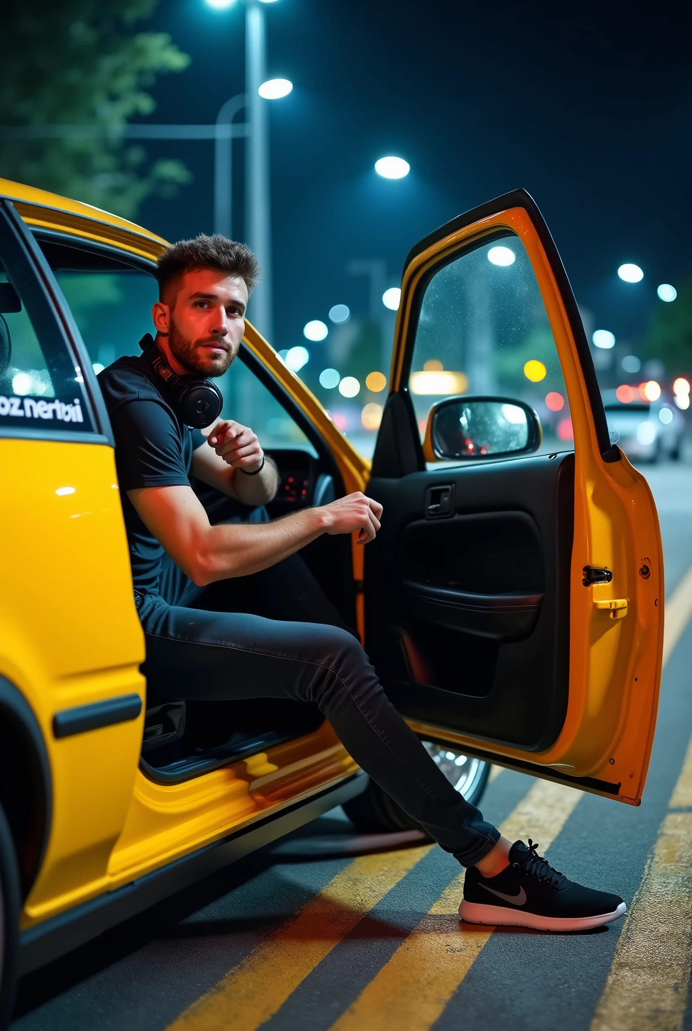 (photorealism:1.2), handsome youngman, t-shirts and tight scars jeans, sits in driver seat with doors open holding the steers(side angle) on his modified civic ferio (glossy yellow), smokes streets, the traffic lights and marks, low angle camera shots, headphones, nike black sneakers, car lights in the streets at nights