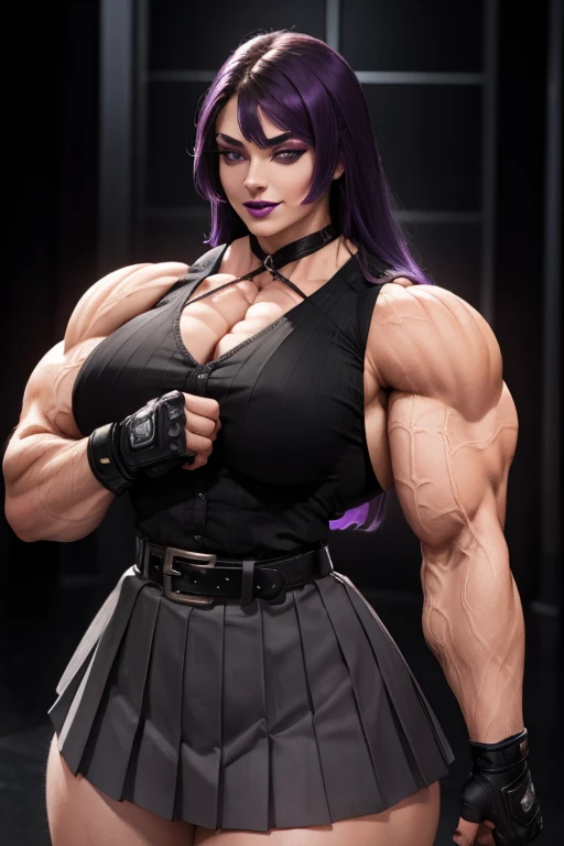 ((Close-up)), tall, (violet purple hair) beautiful muscular woman, long hair with long bangs, pale white skinned, large breast, closed smile, (black lipstick), (massive muscles), (hyper muscle), ((ginormous bulky muscles)), ((glowing black eyes)), (((sleeveless violet pleated shirt))), (((black long pleated skirt with belt))), (fingerless gloves), necktie, thigh highs, in a dark rooftop, 