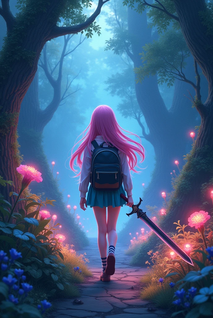 (animation:1.3), vibrant fantasy forest, magical atmosphere, glowing plants, long pink hair, white skin, 18-year-old girl, schoolgirl outfit, backpack, holding a semi-realistic fantasy sword, walking towards a creature, ready to attack, dynamic pose, intricate details, enchanted environment, mystical lighting, vibrant colors, cinematic composition, by Hayao Miyazaki, by Yoshitaka Amano
