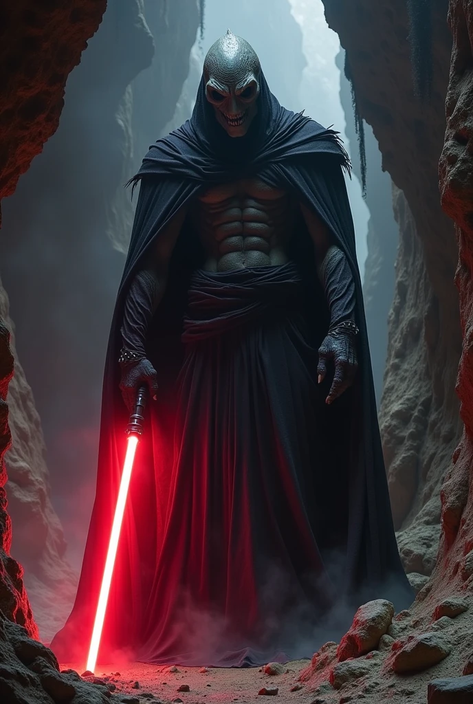 Create me a Sith Lord from Star Wars, powerful and terrifying, tall and thin, grey Skin with scars, a creature with no normal Body and Head, he is a beast and Not a human, he wears Tattered cloth , he has a red lightsaber, the background is a dark cave, ultra realistic