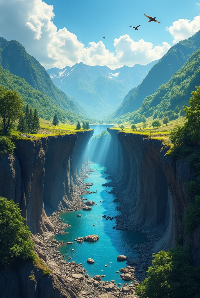 to produce a material that can raise awareness among the community surrounding the school about the negative impact of mining activities on our water resources.
**Image Description:**

The image must show a mountainous landscape divided into two parts. On the left side, the mountains are green, with a river of clear waters running at their feet. The vegetation is abundant, with trees and wild animals, like birds and deer, moving freely. The sky is blue and clear, conveying a sense of harmony and life.

in the right side, the same landscape is completely transformed by mining: the mountains are destroyed, with huge craters and scattered debris. The river, before clear, is now full of mud and toxic substances, with dead fish floating on the surface. The sky is dark and filled with clouds of smoke, while mining machines operate non-stop.

En el centro de la imagen, where the two landscapes meet, there is a crack that resembles a wound in the earth, symbolizing the rupture caused by mining activity. fenn, is a sentence: "Our rivers are bleeding. Say no to uncontrolled mining." The bright colors of the healthy part contrast sharply with the dark, bleak tones of the destroyed part., highlighting the urgency of protecting water resources.