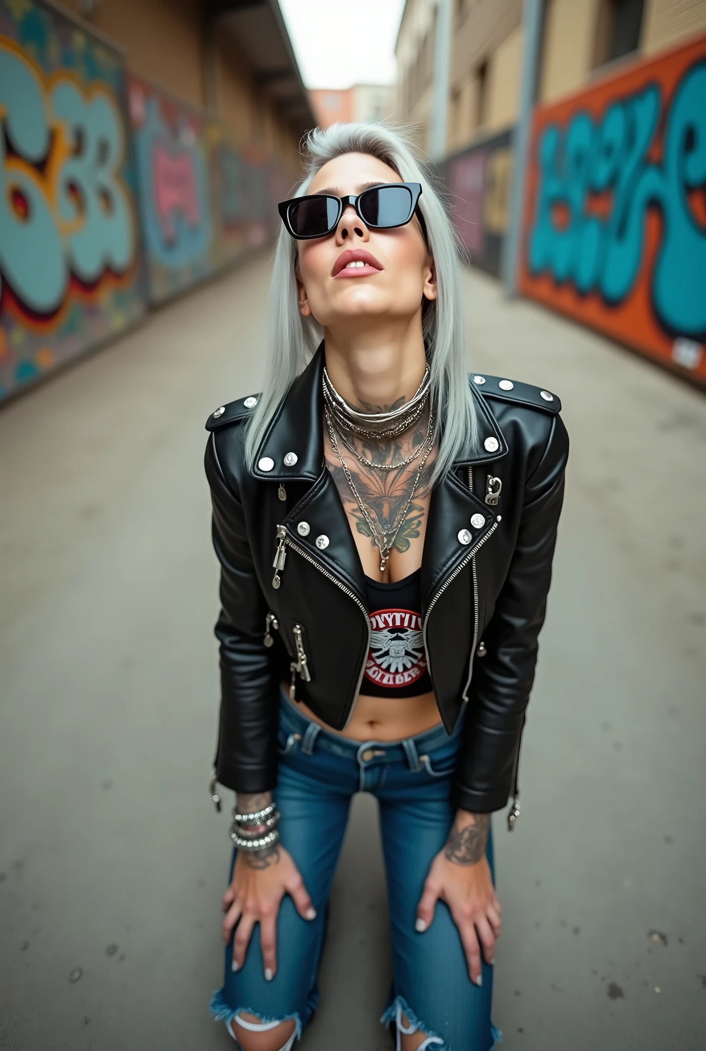 russian old milf woman, grey hair (top bun, shaved sides), wearing sunglasses as (big maxi sunglasses), bandana as headband, with very light blue eyes, extremely pale. Wearing cropped padded black moto jacket with lots of zippers and badges on jacket flaps, cropped t-shirt with big motorcycle club logo, dark blue jeans with holes and pointy Chelsea boots with cuban heels . Silicone breasts. Lots of metallic bracelets, long pendants and lots of collars. Tacky leather belt with oversized chanel buckle. Long earrings. Kneeling, looking at the camera, legs spread, tilted head, eyes and mouth wide open in amazement. Hands fixing her hair, toned abdominals, thin legs and thin arms. Tattoed chest, hands, belly and arms.
