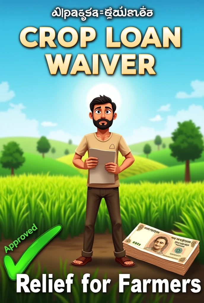 **Prompt for Thumbnail:**

"Bold text in capital letters at the top: **CROP LOAN WAIVER**  
Background: A rural Indian landscape with a farmer holding loan papers, looking relieved.  
Additional elements: A stack of money in the bottom corner, with a green checkmark indicating 'Approved.'  
Text at the bottom: **Relief for Farmers**  
Color scheme: Use earthy tones like green and brown with white text for clarity."

This setup should grab attention while clearly conveying the topic.