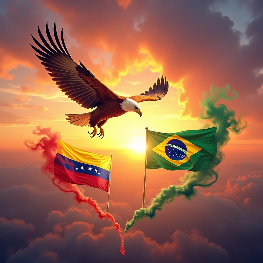 Poster with a beautiful sky in the background with a sunset and an eagle flying over two smoke-shaped flags, one from Venezuela and the other from Brazil.