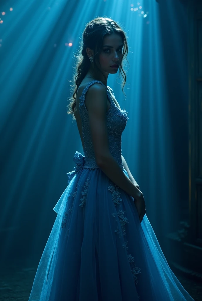 "A dark fantasy scene in the style of a 1980s live-action film, featuring a human actress portraying Cinderella, dressed for the ball. She is wearing an elegant, shimmering blue gown with intricate details and a classic, vintage style. The scene is set in a dimly lit, mysterious environment with soft blue lights in the background, casting a haunting glow that reflects off Cinderella and her surroundings. These lights create deep, dramatic shadows, emphasizing the contours of her face and the flowing fabric of her gown. The atmosphere is both magical and eerie, reminiscent of an old fairy tale brought to life with a dark twist. The overall aesthetic captures the gothic romance and enchantment of a classic 1980s fantasy film, with the characters rendered as human actors. The scene focuses on a medium shot of Cinderella, highlighting her serene yet slightly melancholic expression, as she stands in an otherworldly, dreamlike setting.
Illuminations are more subdued and dark, with soft reflections of lights behind the characters. The lighting should evoke the feel of an old live-action film, maintaining the aesthetic of the 1980s, creating a scene that is both hauntingly beautiful and steeped in gothic fantasy."