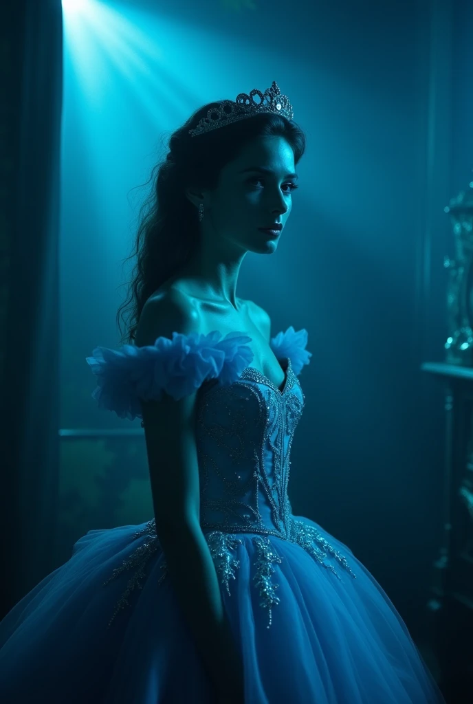 "A dark fantasy scene in the style of a 1980s live-action film, featuring a human actress portraying Cinderella, dressed for the ball. She is wearing an elegant, shimmering blue gown with intricate details and a classic, vintage style. The scene is set in a dimly lit, mysterious environment with soft blue lights in the background, casting a haunting glow that reflects off Cinderella and her surroundings. These lights create deep, dramatic shadows, emphasizing the contours of her face and the flowing fabric of her gown. The atmosphere is both magical and eerie, reminiscent of an old fairy tale brought to life with a dark twist. The overall aesthetic captures the gothic romance and enchantment of a classic 1980s fantasy film, with the characters rendered as human actors. The scene focuses on a medium shot of Cinderella, highlighting her serene yet slightly melancholic expression, as she stands in an otherworldly, dreamlike setting.
Illuminations are more subdued and dark, with soft reflections of lights behind the characters. The lighting should evoke the feel of an old live-action film, maintaining the aesthetic of the 1980s, creating a scene that is both hauntingly beautiful and steeped in gothic fantasy."