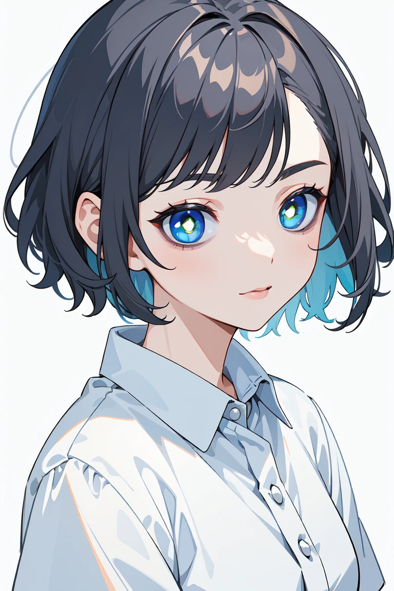 (masterpiece, best quality, ultra high quality:1.1), ((portrait)), 1girl, solo, young girl, blue short hair, wearing mordern casual clothes, simple white background, green eyes, facing viewer, looking at viewer, upper body, white background