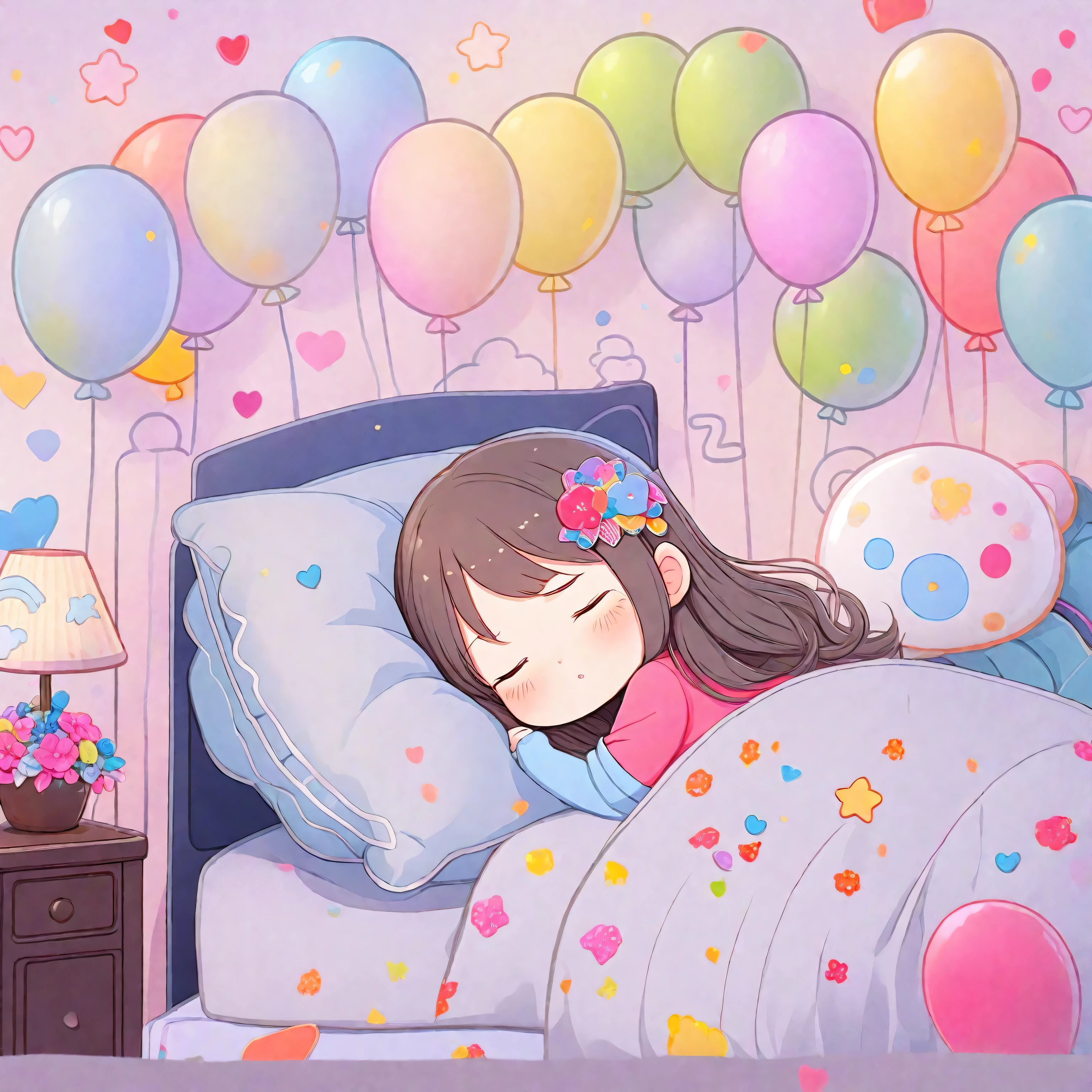 ｛Lowest Quality, Low Quality}, Illustration of a cute girl sleeping on the bed, the pillow cover and cushion are in the background with many balloons floating in the bedroom, Must-Have, Best Quality, Super Detailed,