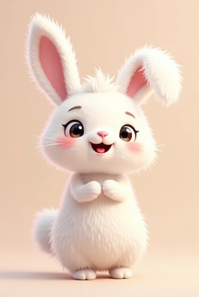 A cute rabbit character greeting you with a big smile. 2D. Emoticon character. Light shade. Simple.