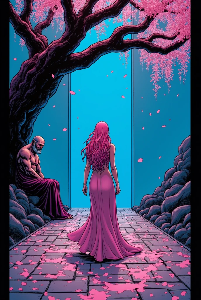On two real rectangular screens, in comic book style, I want a painting idea that completes itself, in the Lore of Olympus scenario, being at the top the blue background where Hades is sitting under a tree with pink petals coming from below, in the second frame I want Persephone walking with her long pink hair I want darker pink petals coming out of her and for the black floor from the top image to run into the bottom image, simple image to paint