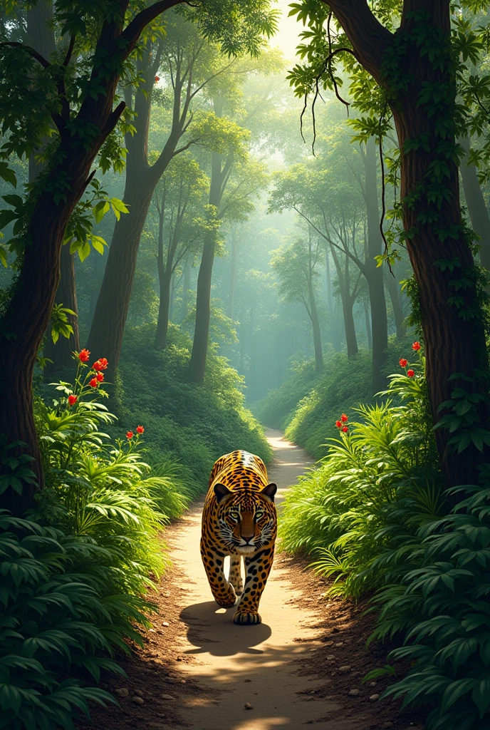 Long path in the Amazon rainforest with jaguar in the woods
