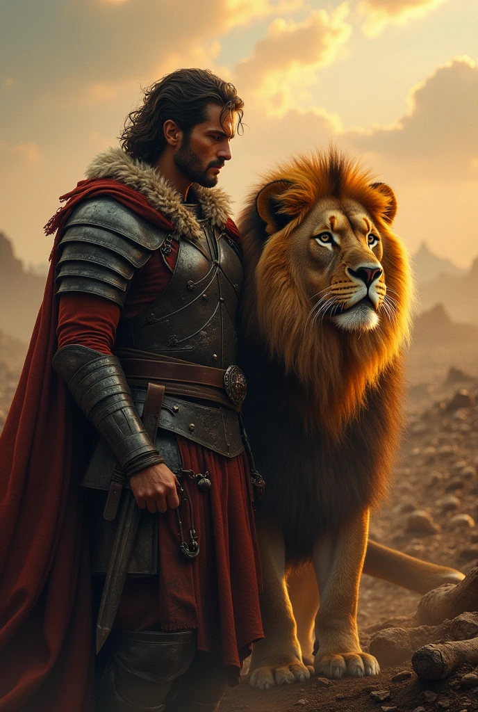 Image of the end of a war, a warrior next to a huge lion the two together friends