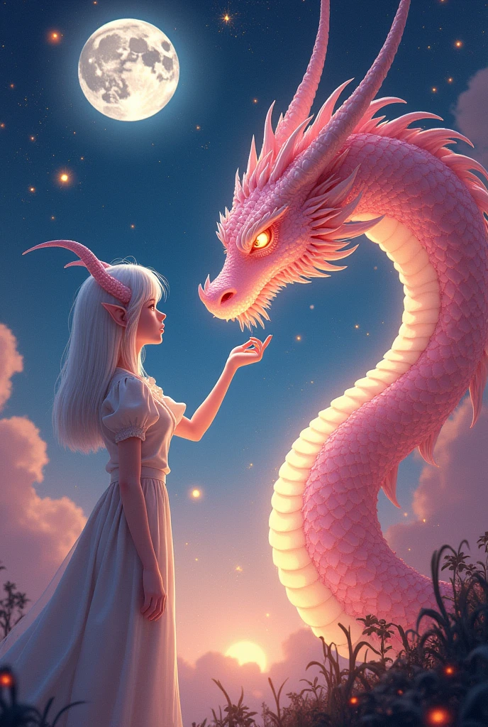 Anime elf girl, (side profile) (waist-length white hair), light pink horns, standing in a scorched forest, (night scene), (celestial background with two glowing moons and twinkling stars), the girl reaches one hand up to the (sparkling pink and gold dragons) face, atmospheric feel, ethereal and mystical tone, (highly detailed), (vibrant sky), intricate and enchanting, fantasy ambiance, (ultra-detailed).