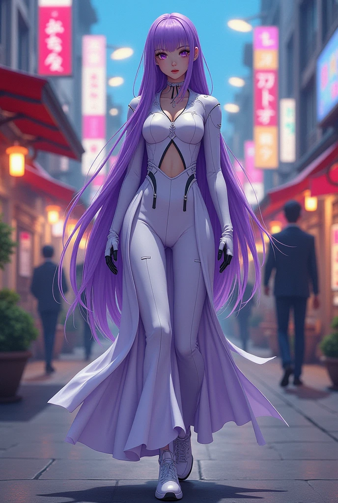 Fullbody, very very long hair purple a woman dressed in a white and purple outfit, rei hiroe, beautiful android woman, kai'sa, female mecha, as a retro futuristic e, rinko kawaichi, kusanagi, hiyao miyazaki, as a retrofuturistic heroinuya ōtsutsuki, still from tv anime, ayaka cosplay, japanese lightning goddess, pose random, skirt, background street city japan, walking, skirt
