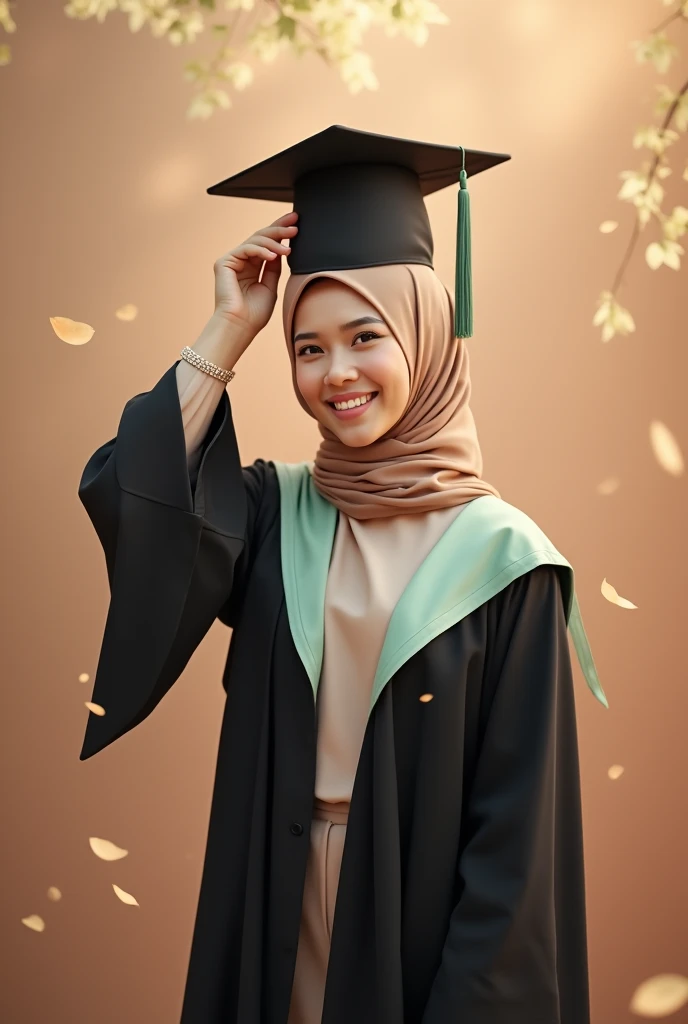 Consept art photography, fan art photography, a women, wearing hijab, pastel brown hijab, wearing black graduation hat, Wearing black graduation gown, wearing pastel green graduation hood, pastel brown theme background, Standing pose, leaf effect background, university background, pastel brown lighting effect,bright results, perfect pose, kawaii design theme