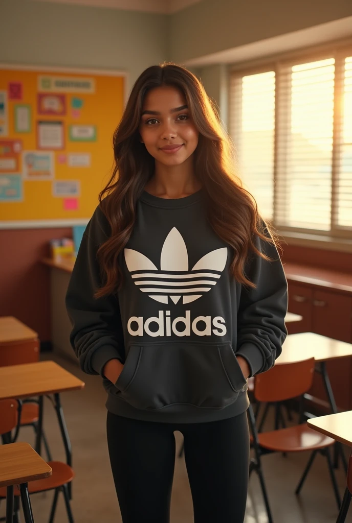 An 18-year-old Latina girl in a classroom. She has long light brown hair, full lips, black eyes, is skinny, has a small waist, a small round butt, and small breasts. She is wearing black leggings, an Adidas sweatshirt, and Vans sneakers. She has both hands in the pocket of the sweatshirt and is smiling slightly. The classroom has the blinds closed with the late afternoon sun rays coming in, leaving an orange appearance inside the room. Photorealistic,  best quality, best lighting.