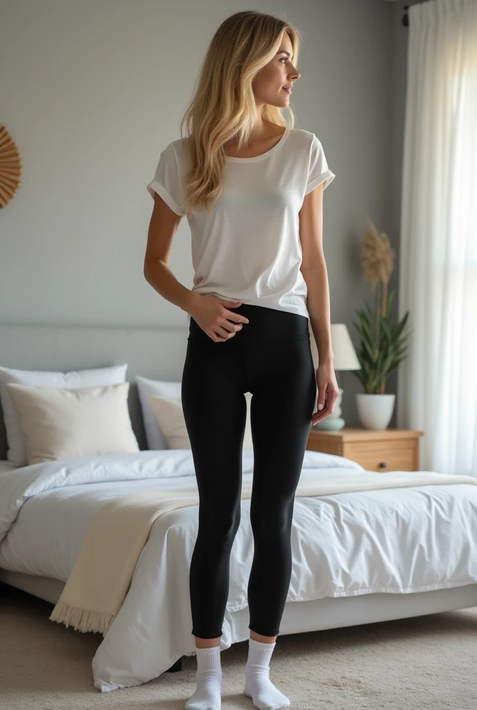 Hot blonde 40 year old woman standing in bedroom wearing t-shirt and black legging yoga pants and short white socks. Show legs and feet with white short socks
