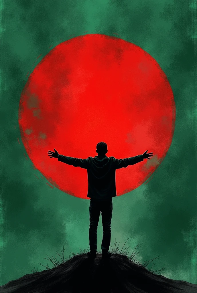 Bangladesh flag and in the middle of the flag a man stand. The flag is cover the full page and the man spread his hand. Make it like a drawing. The man is looking behind and he is full black like a shadow.