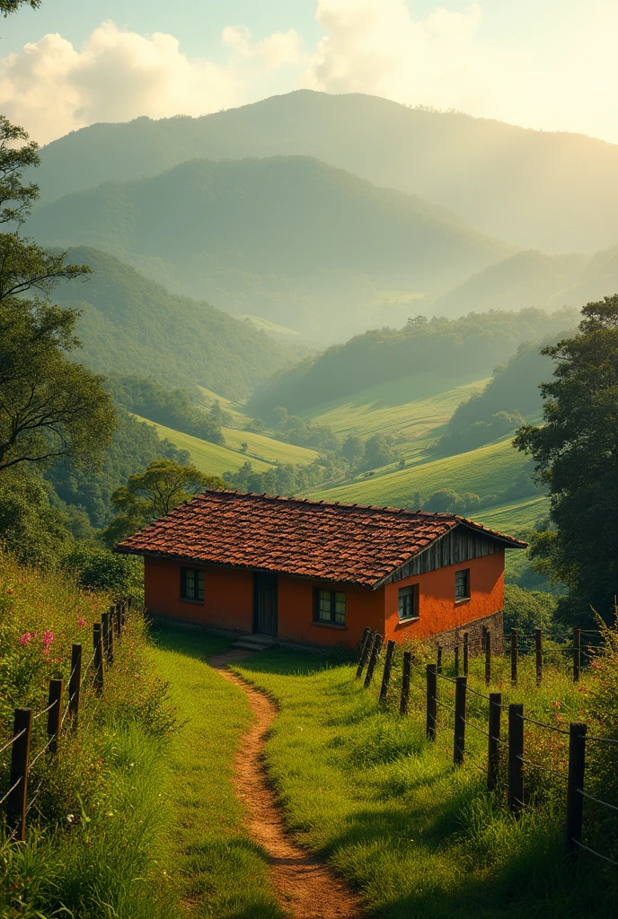 A peaceful rural landscape in Costa Rica, featuring green coffee plantations, rolling hills, and a small adobe house with a red-tiled roof. The scene is bathed in the warm light of early morning, with a soft mist rising from the fields. Que la imágen tenga un aspecto más rural, que se vea más antigua, que se vea de la época del siglo XX en Costa Rica también que los colores de la casa sean colores representativos de la época rural en Costa Rica