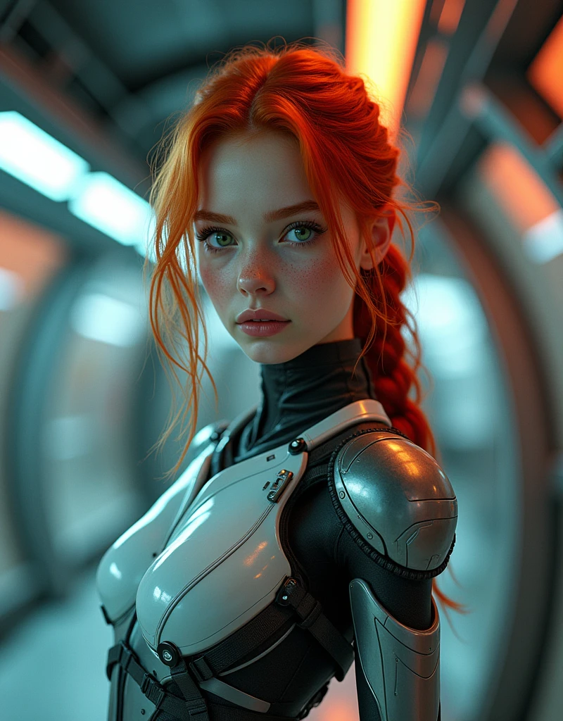 score_9, score_8_up, score_7_up, score_6_up, score_5_up, score_4_up, realistic style, photo, photorealistic, high detail, (sharp), BRAKE, medium shoot, girl, redhead, pretty face, freckles, green eyes, slim, big breasts, metal harness, exoskeleton, cyberpunk, posing, looking at viewer, (space station background), neon light, HDR, depth of field, bokeh,