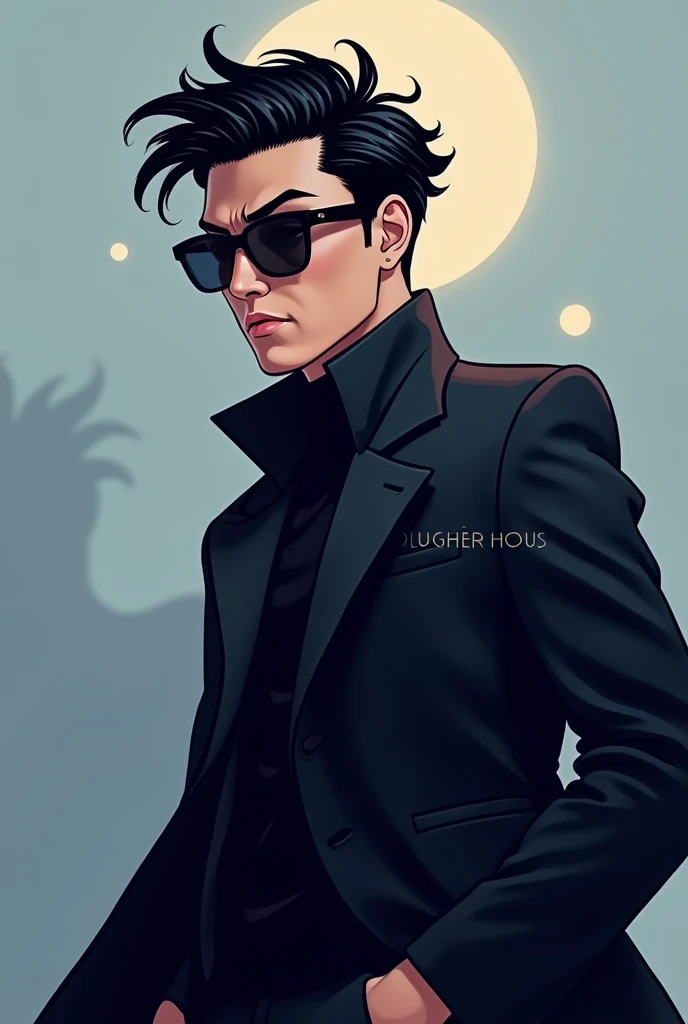 "Create an Instagram profile picture featuring a cool man in a black coat and sunglasses, with an anime-inspired style. Include the text 'Laughter House' in either white or black. The background should use decent, non-flashy colors, and the overall design should be modern and visually appealing, with the text subtly integrated to complement the character."