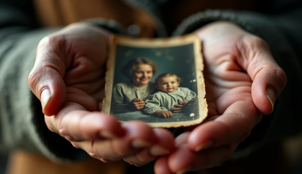 An extreme close-up of an old photograph held lovingly in weathered hands, the image faded with age but the emotions it evokes still vivid. The creases and worn edges of the photograph tell a story of cherished memories and bygone days, capturing a moment frozen in time. Soft, nostalgic lighting adds warmth to the scene.
  - Scene: "Clutching an old photograph, weathered hands hold onto cherished memories, the image faded but emotions still vivid."
  - *Aspect Ratio 16:9*
