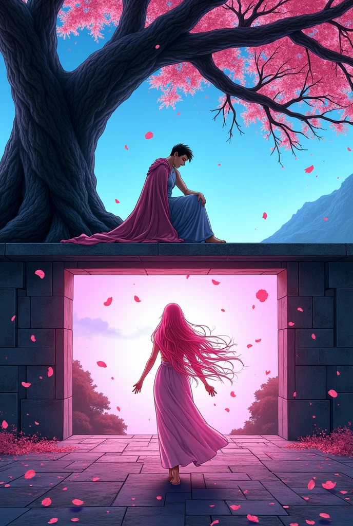On two real rectangular screens, in comic book style, I want a painting idea that completes itself, in the Lore of Olympus scenario, being at the top the blue background where Hades is sitting under a tree with pink petals coming from below, in the second frame I want Persephone walking with her long pink hair I want darker pink petals coming out of her and for the black floor from the top image to run into the bottom image, simple image to paint