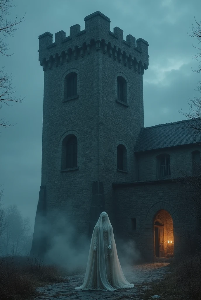 A towering, ancient stone castle with thick walls and iron bars on the windows. The scene is set at dusk, with a darkening sky and mist rising from the ground. A ghostly figure, perhaps in period clothing, appears faintly in the shadows."