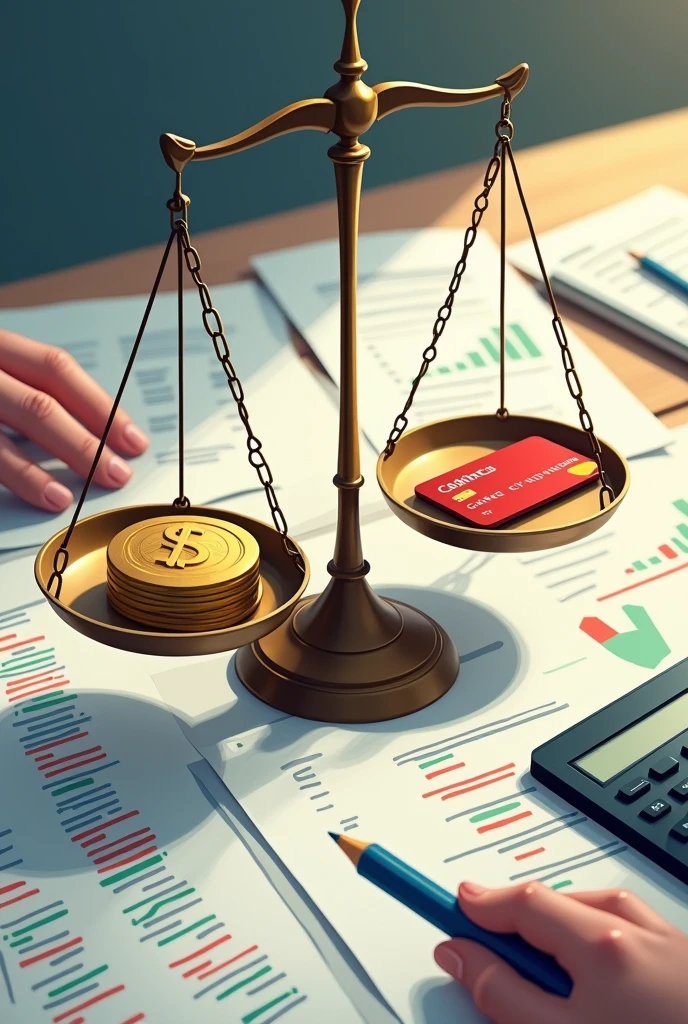 Sentence 9: "I avoid over-indebtedness, I don't spend more than I can afford."illustration: A scale with two plates; on one side, a money symbol and on the other, a credit card with a red line. Another option could be an image of a person reviewing a list of expenses and adjusting their budget..